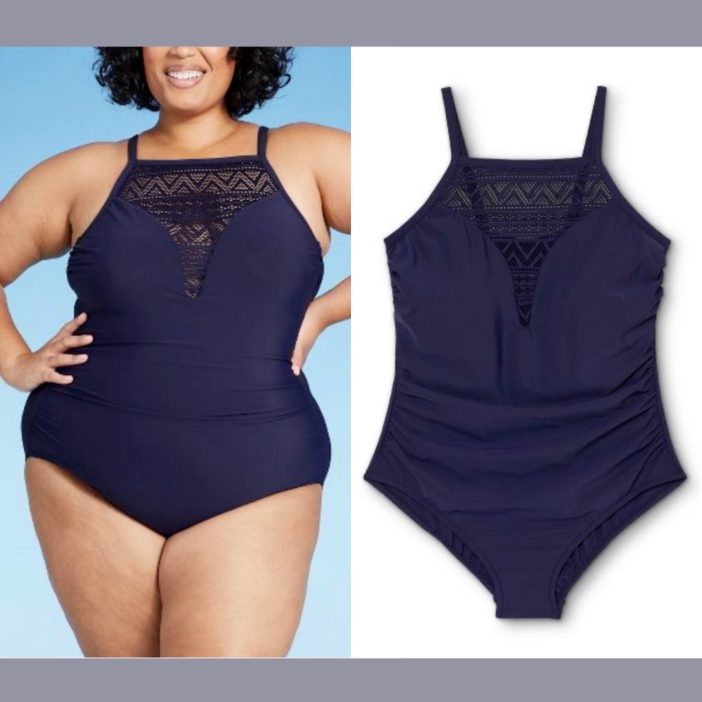 NWT Aqua Green‎ [ Plus 20W ] Crochet High Neck One Piece Swimsuit Navy